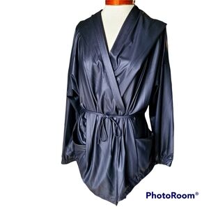 Cleo apparel black wrap open, tie front, hooded light weight jacket/cardigan.